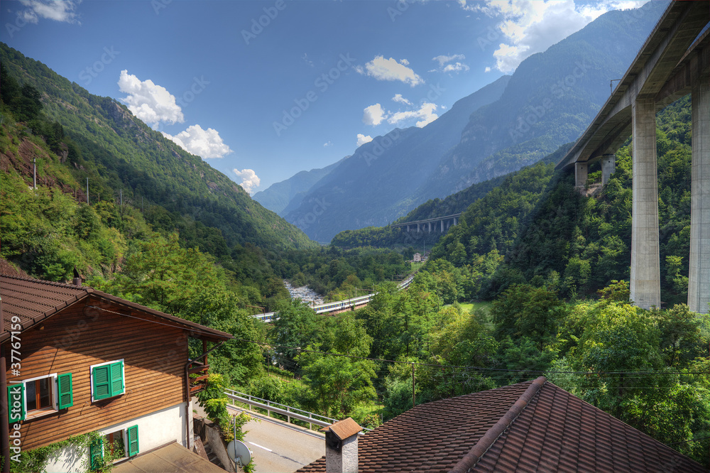 Modern alpine valley with highway and railroad in Switzerland, Modern alpine valley with highway and railroad in Switzerland,