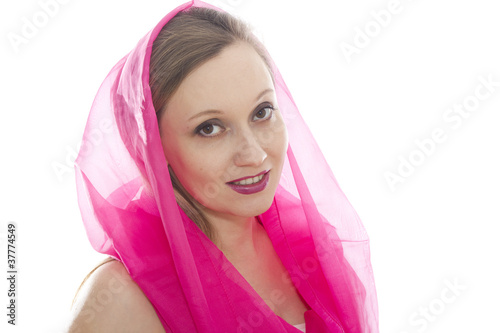 woman in pink headscarf