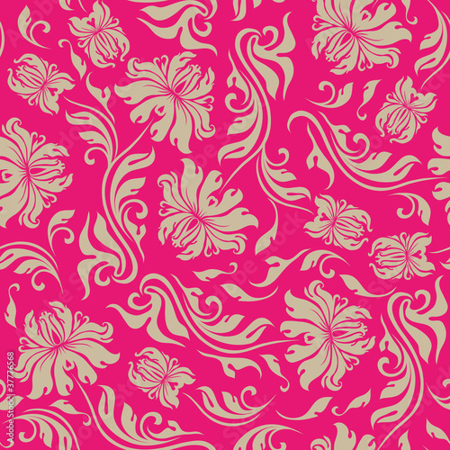 Seamless floral pattern. Beige flowers on a red background.