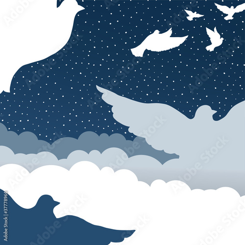 Doves in cloud sky