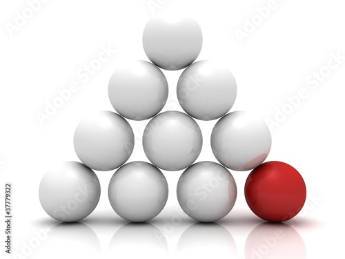 business pyramid of white balls with red leader