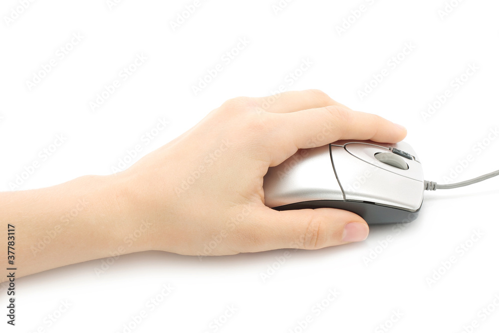 Woman hand with computer mouse on a white background Woman hand with computer mouse on a white background