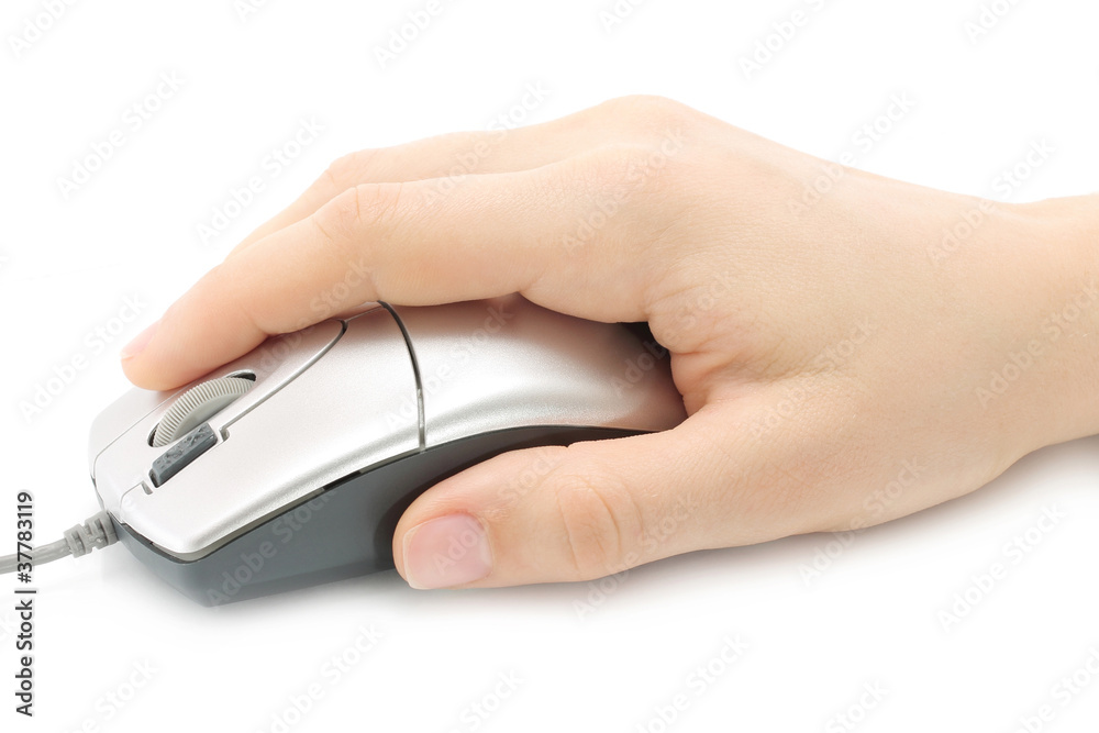 Woman hand with computer mouse on a white background Woman hand with computer mouse on a white background