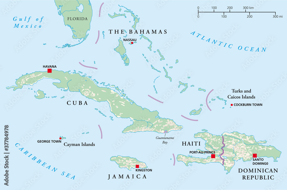 Vecteur Stock Bahamas, Cuba, Haiti, Jamaica and Dominican Republic  political map. Illustration. Vector. | Adobe Stock