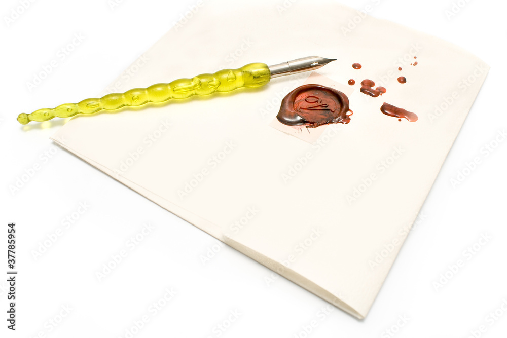 Old pen and wax seal on a letter Old pen and wax seal on a letter