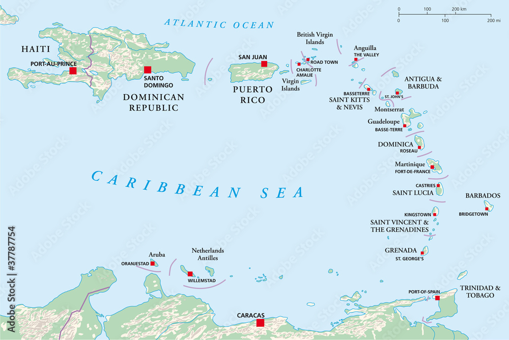 Lesser Antilles political map. The Caribbees with Haiti, the Dominican  Republic and Puerto Rico in the Caribbean Sea. With capitals and national  borders. English labeling. Illustration. Vector. vector de Stock | Adobe