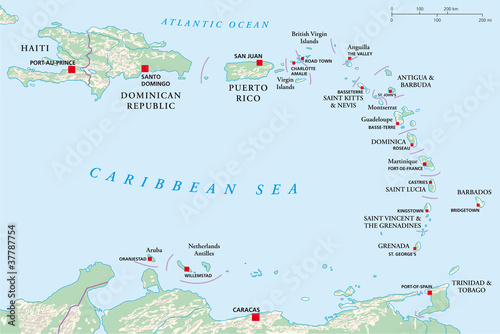 Lesser Antilles political map. The Caribbees with Haiti, the Dominican Republic and Puerto Rico in the Caribbean Sea. With capitals and national borders. English labeling. Illustration. Vector.