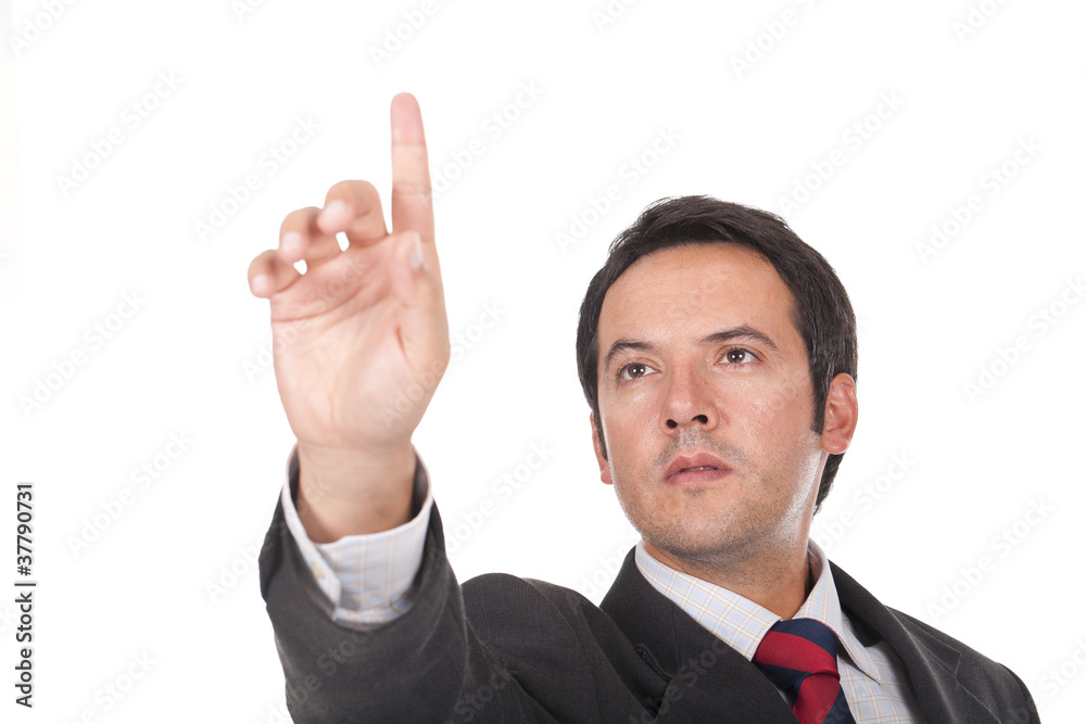 man touching an imaginary screen or button