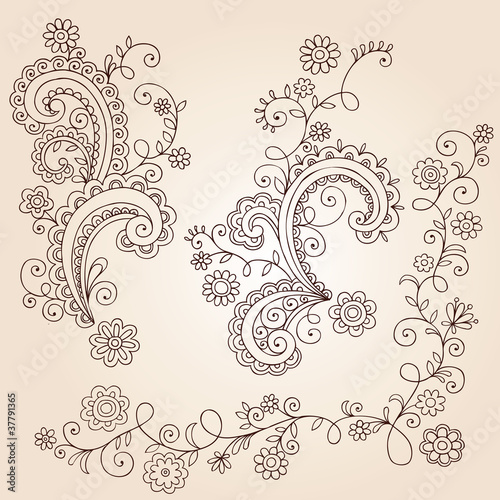 Fototapeta Naklejka Na Ścianę i Meble -  Swirly Henna Doodles Vector Design Elements Set