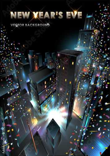 New Years Eve in Downtown. Vector Illustration.