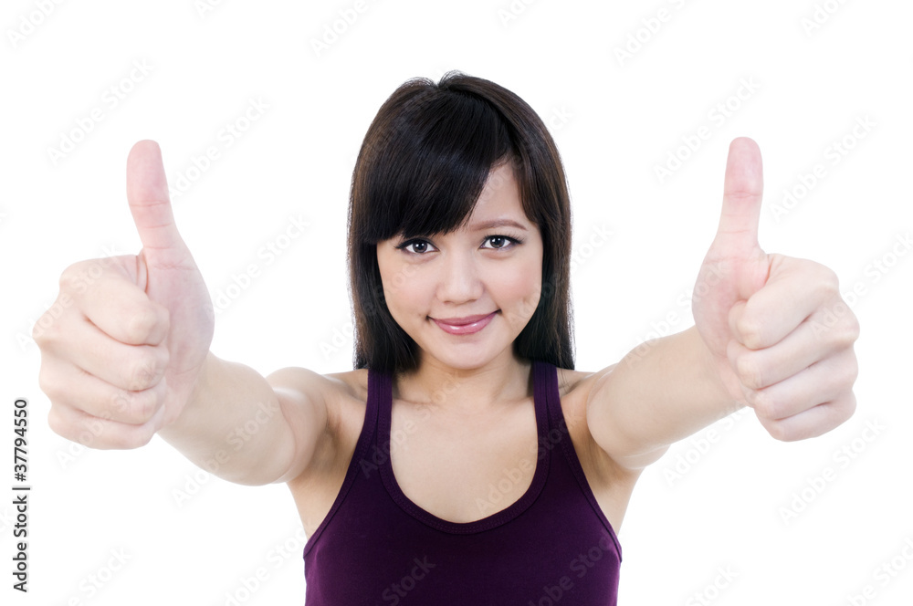 Cute Young Asian Woman Giving Thumbs Up Sign Cute Young Asian Woman Giving Thumbs Up Sign
