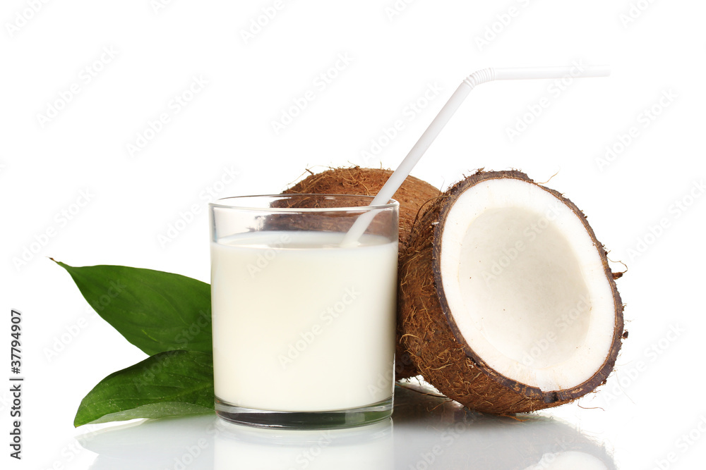 Coconut milk and coconut isolated on white Coconut milk and coconut isolated on white