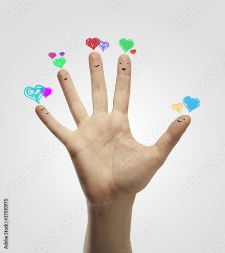 Group of finger smileys with love heart speech bubbles