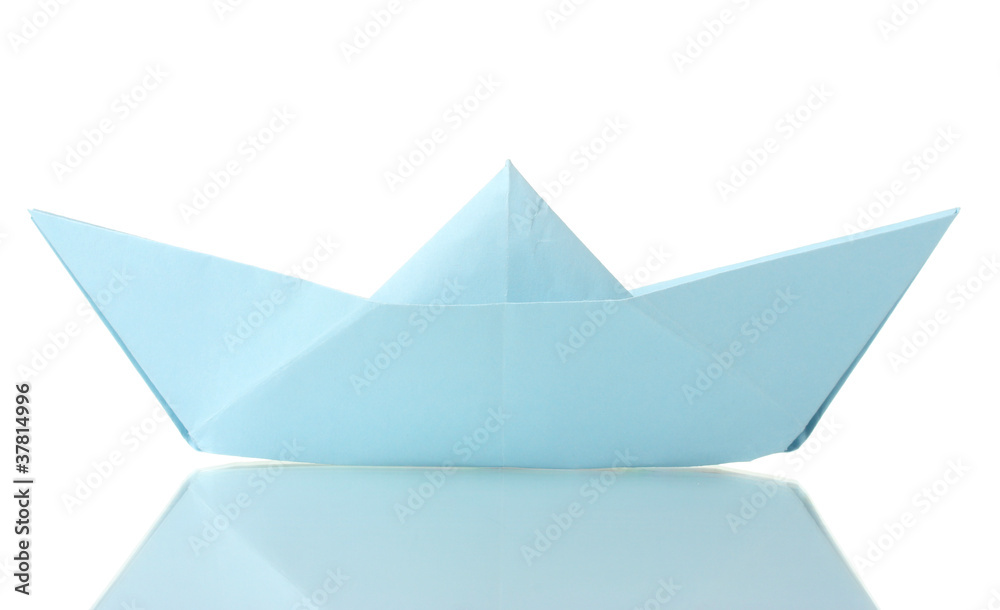 Origami boat out of the blue paper isolated on white Origami boat out of the blue paper isolated on white