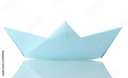 Origami boat out of the blue paper isolated on white