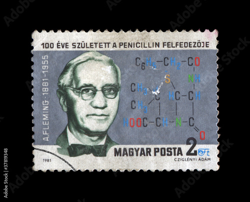 Fleming Alex, famous penicillin founder, biologist, medicine specialist, Hungary, circa  1981. canceled vintage post stamp isolated on black background. photo