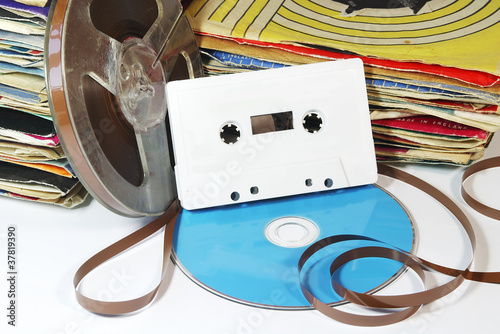 Vintage Records and Tape with a CD and Cassette. photo