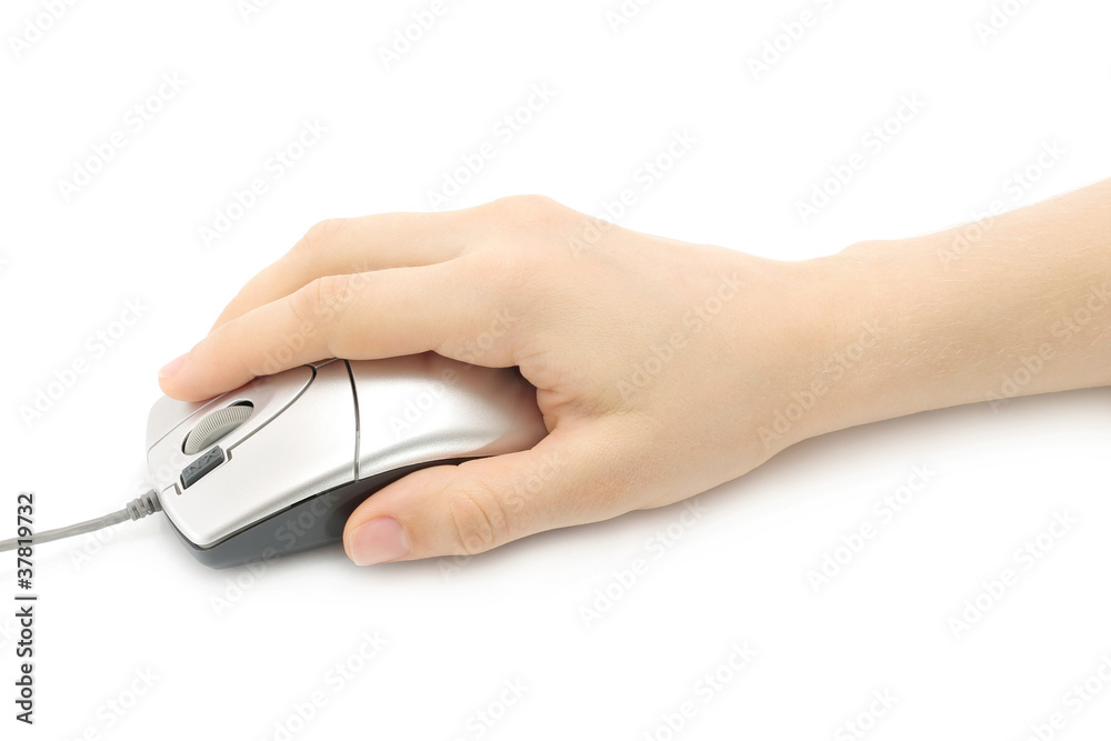 Woman hand with computer mouse on a white background Woman hand with computer mouse on a white background