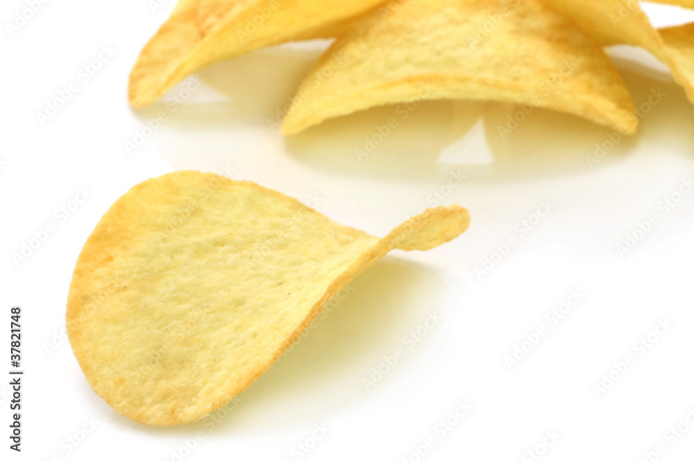 Heap of potato chips on a white background