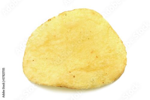 Single potato chip close-up on a white background