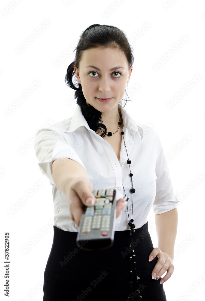 Woman holding remote control isolated on white Woman holding remote control isolated on white