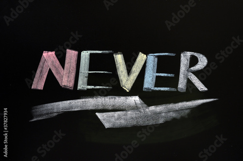 Never - word written in colorful chalk photo