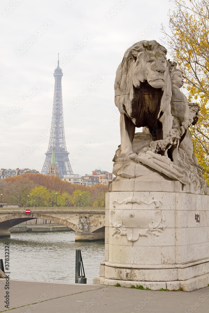 Eiffel Tower and Lion Statue