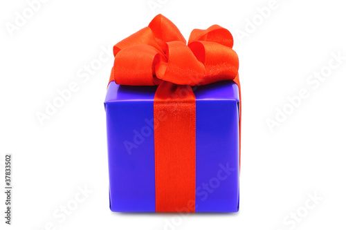 Present box with red bow on a white background