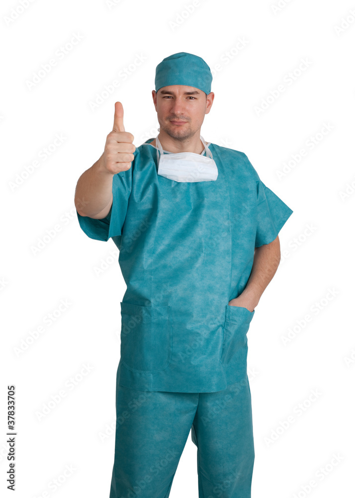 Doctor in scrubs thumb up