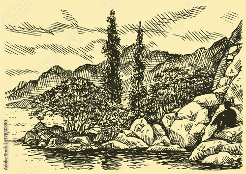 Vector drawing. Man on a rocky beach