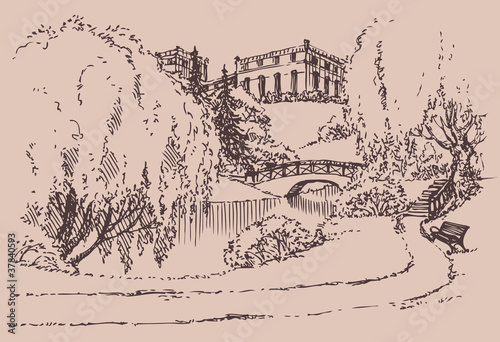 Vector landscape. Bench in front of the creek in the park