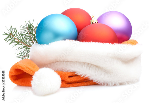 Christmas Red, Purple, Blue Baubles in Traditional Santa Hat and