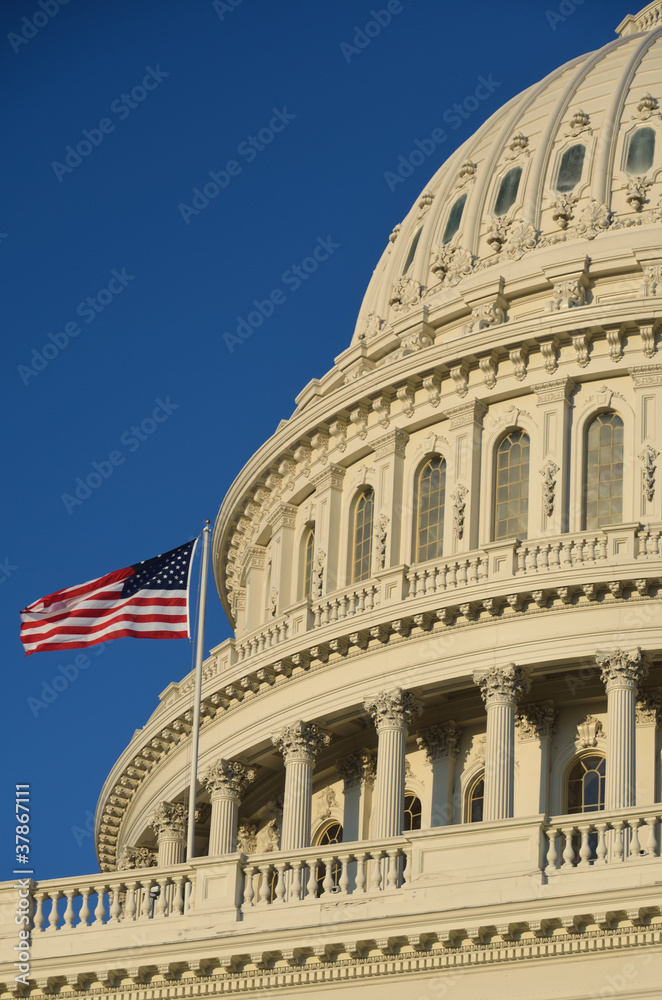 United States Capitol Building  dome detail with US Flag