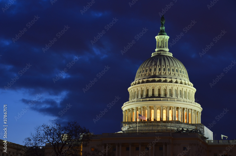 United States Capitol Building dome detail at night