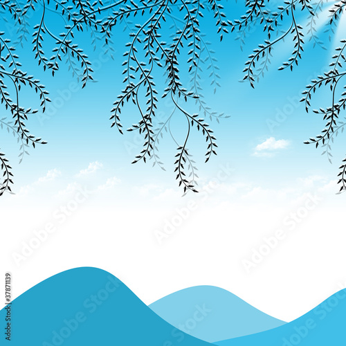 Branch of willow, mountains and sky