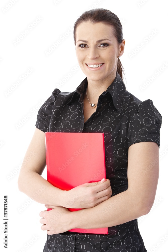 Happy office worker with red folder