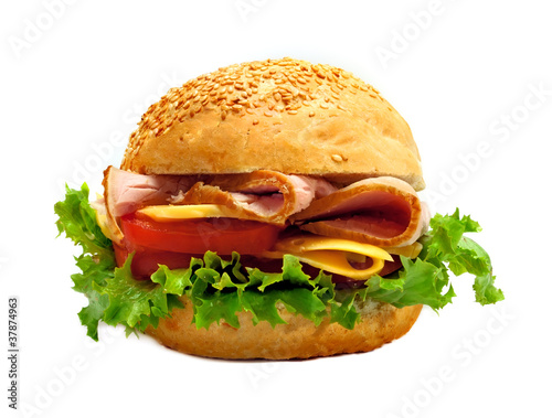 Appetizing big sandwich isolated on white background