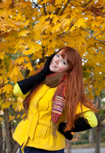 Pretty red haired young woman in autumn park