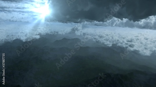 flying through cloudy sky over mountain range