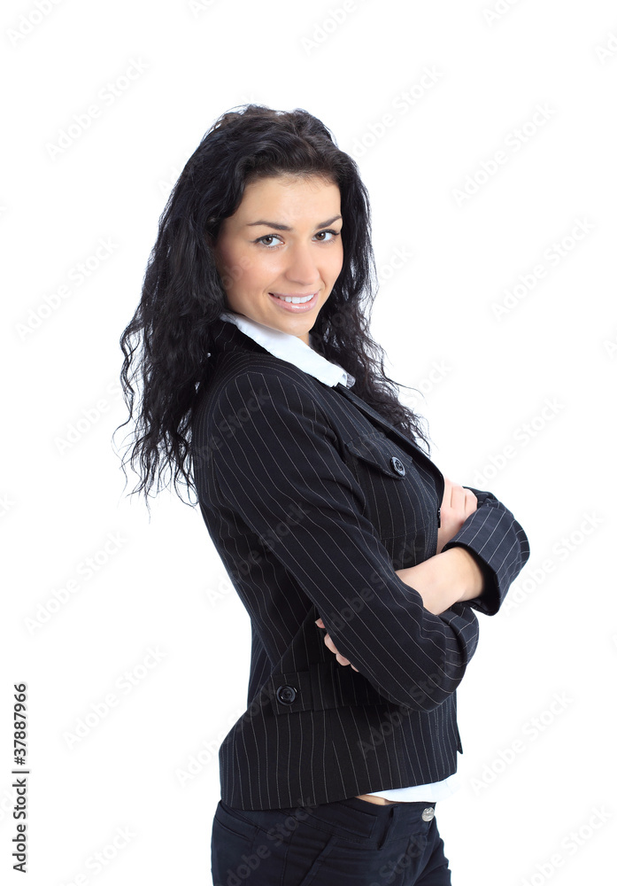 Portrait of business woman with crossed arms, isolated on white