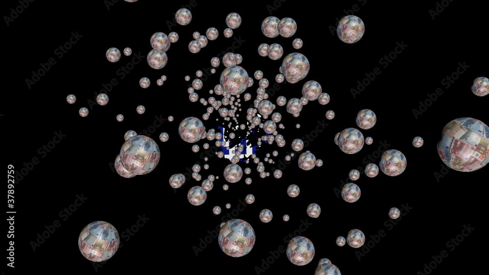 Moving through euro spheres to Greece map flag animation Moving through euro spheres to Greece map flag animation