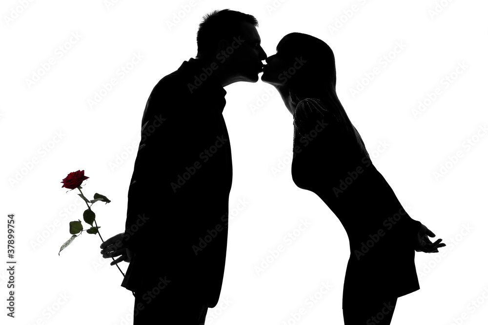 one couple man hiding rose flower and woman kissing one couple man hiding rose flower and woman kissing