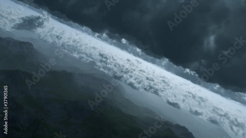 flying through cloudy sky over mountain range