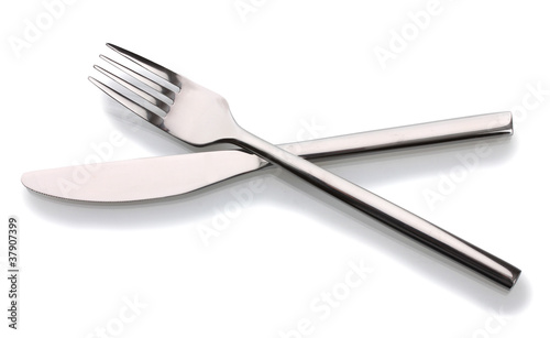 Silver fork and knife isolated on white