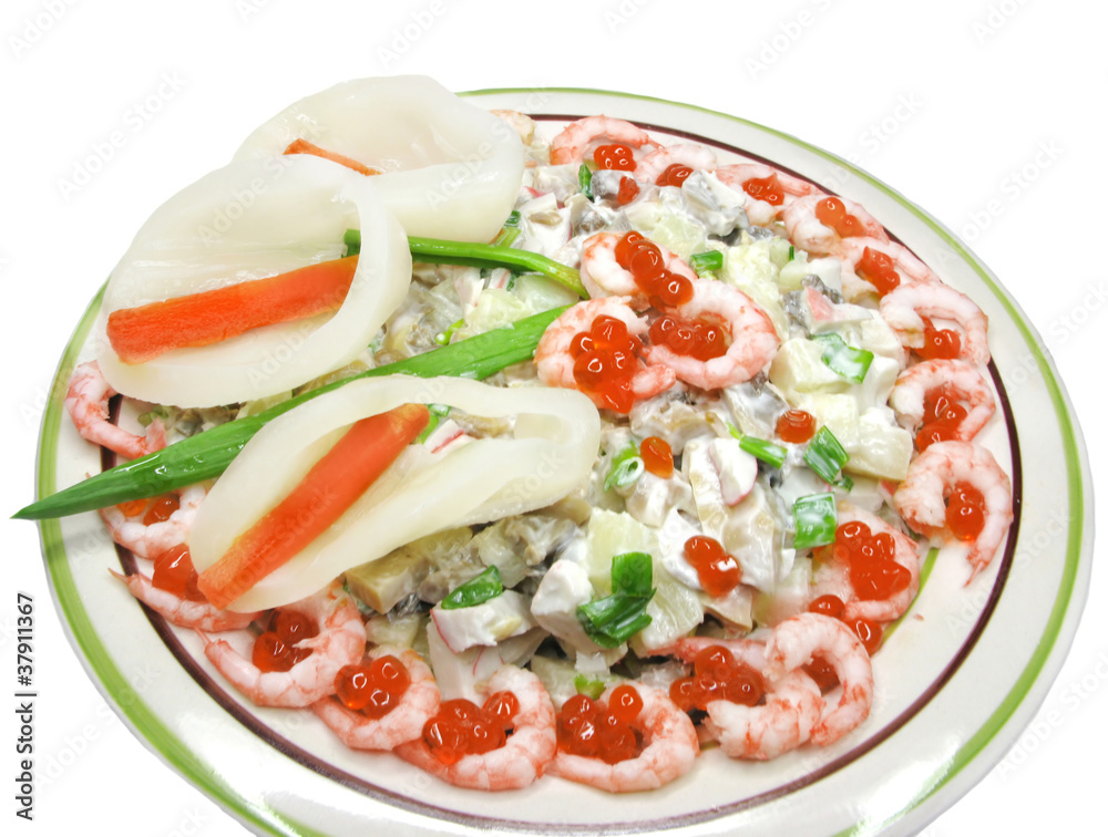 creative squid meal with shrimps and red caviar creative squid meal with shrimps and red caviar