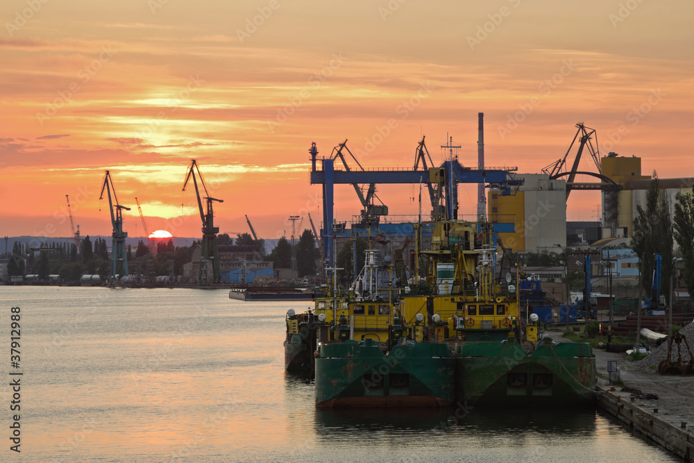 Sunset at the port in Gdansk, Poland.