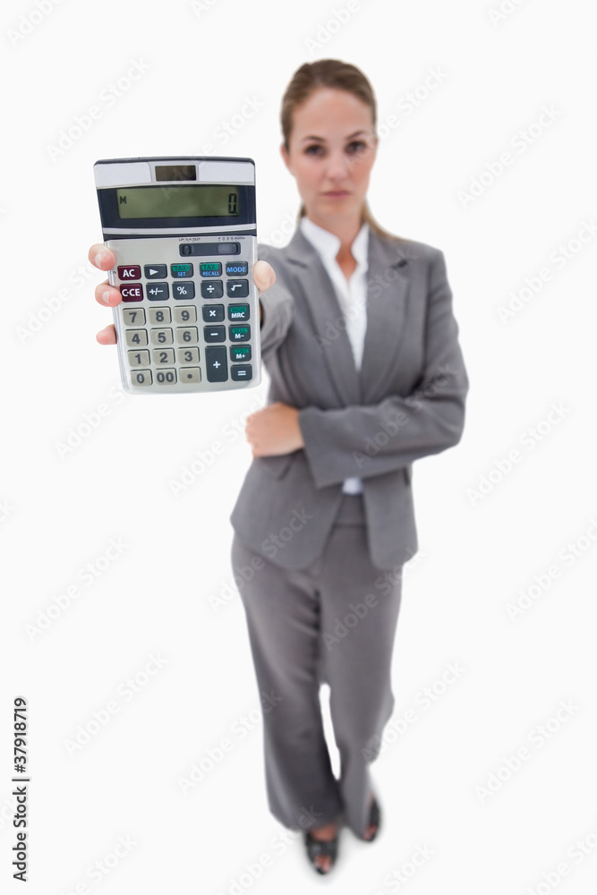 Bank employee showing her hand calculator Bank employee showing her hand calculator