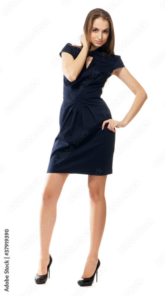 Beautiful fashion model in strict blue dress Beautiful fashion model in strict blue dress