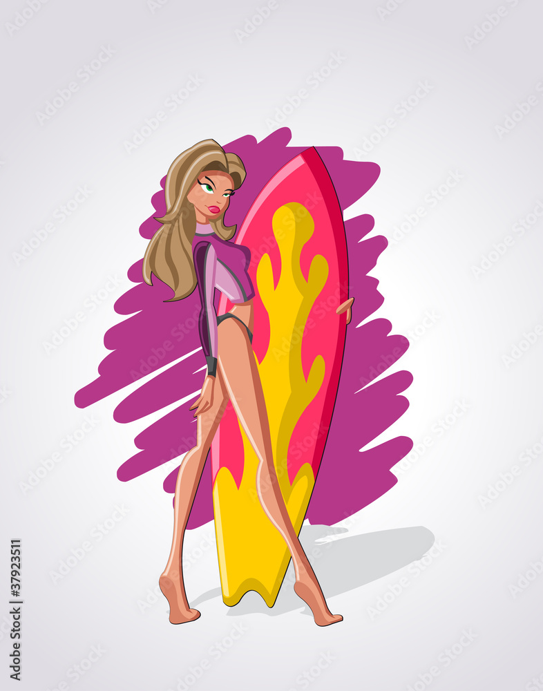 Beautiful sexy blonde cartoon surfer girl with a surf board Stock Vector |  Adobe Stock