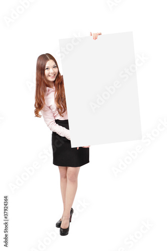 Young Business Woman Happy Smile Showing blank billboard